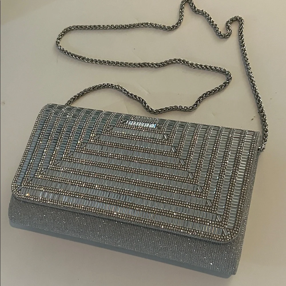 Melanie Lyne Silver Crystal Clutch Bag with silvertone chain glitter wedding